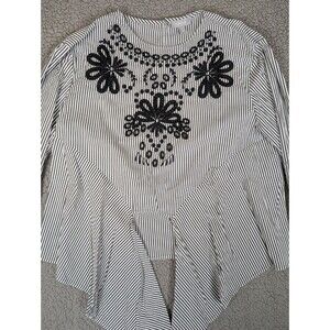 Kenar Blouse White Black Striped Shirt Blouse Small Tie Front Long Sleeve Top